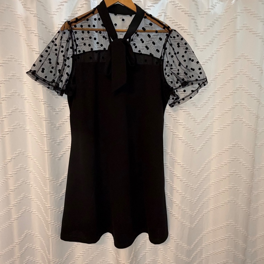 Black‎ Polka Dot Mesh Tie Neck Short Sleeve Shift Dress 2XL LBD